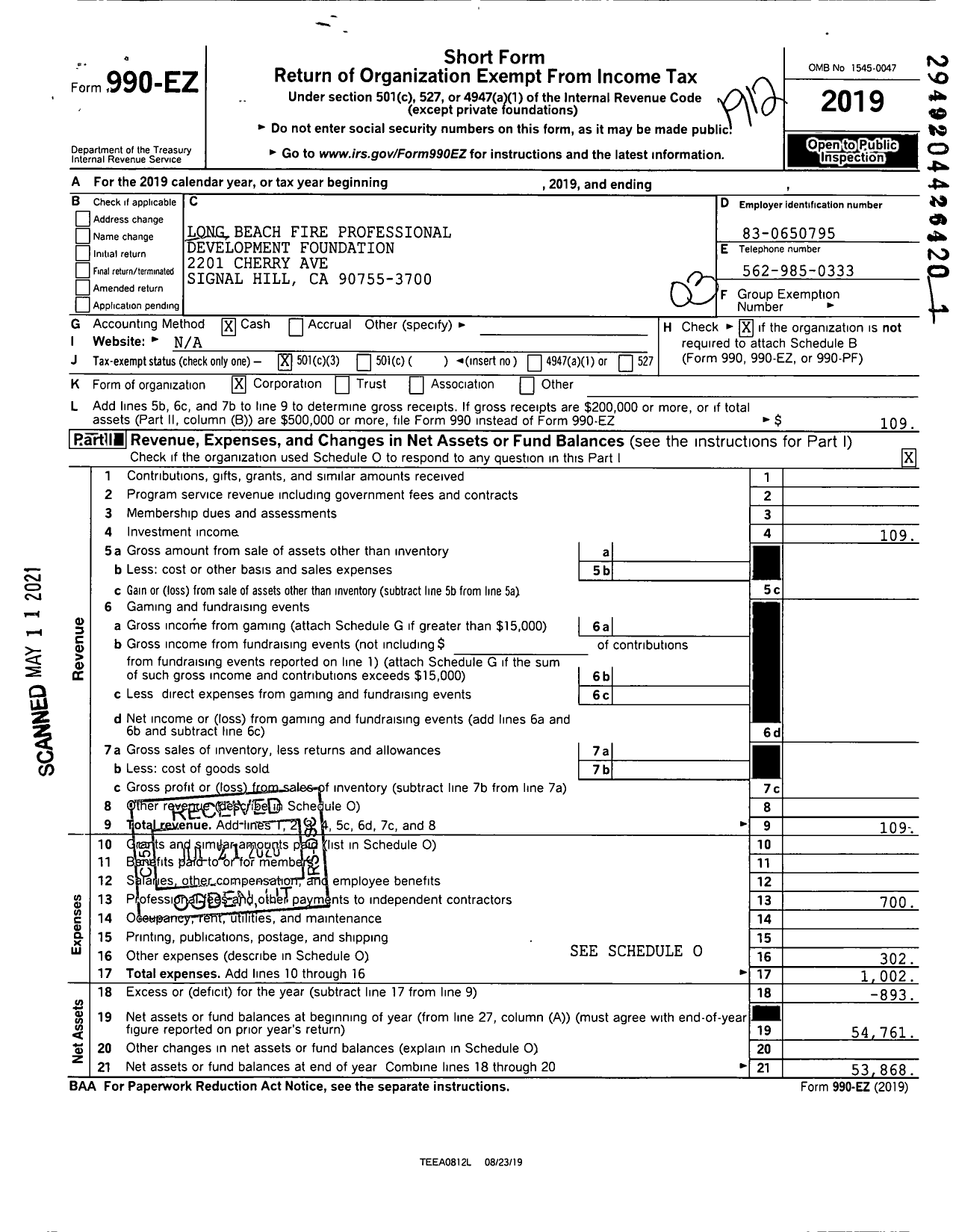 Image of first page of 2019 Form 990EZ for Long Beach Fire Professional Development Foundation