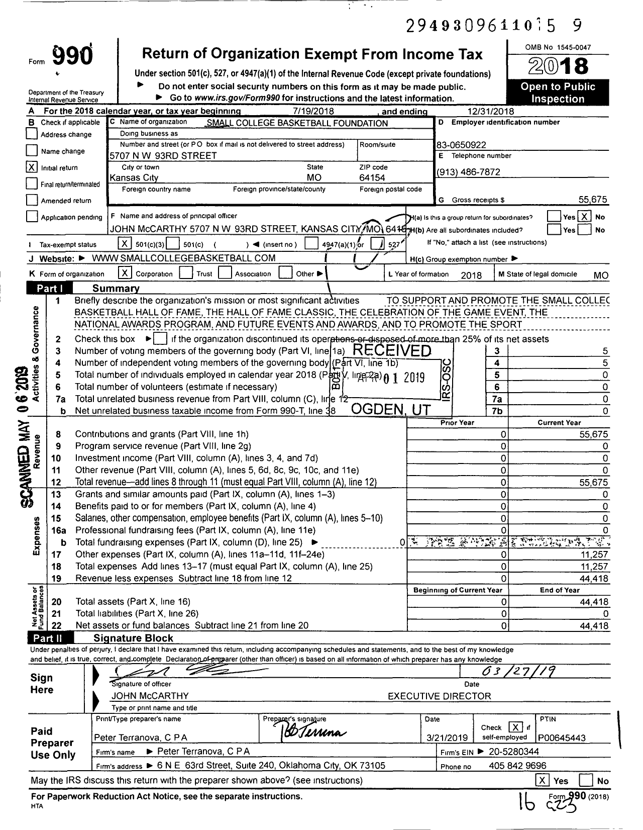 Image of first page of 2018 Form 990 for Small College Basketball Foundation