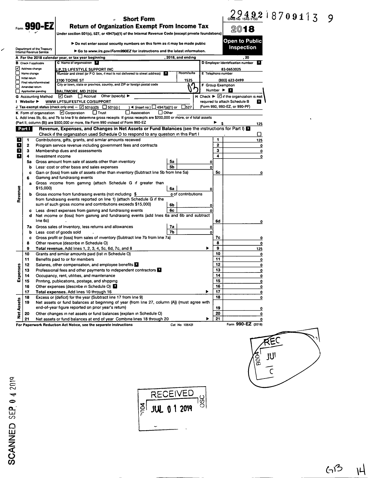 Image of first page of 2018 Form 990EZ for LPTS Lifestyle Support