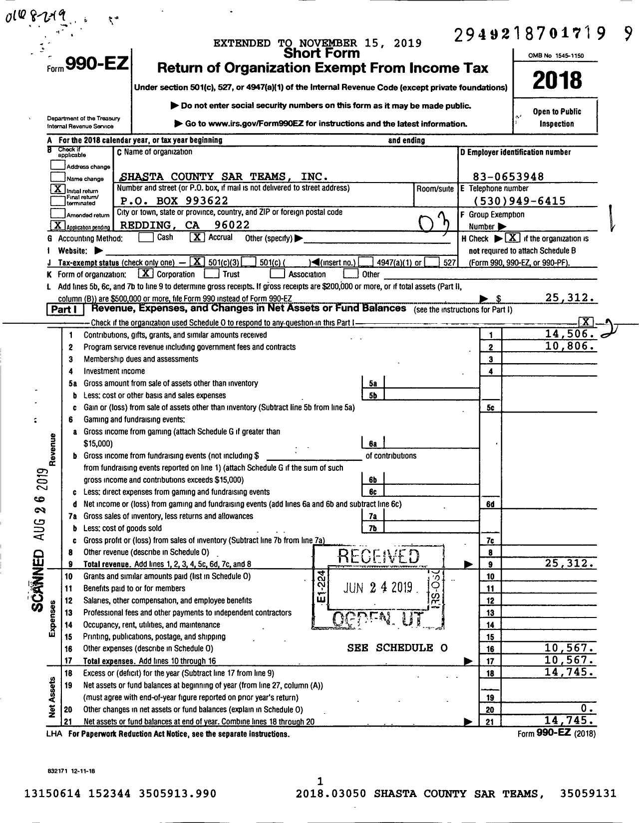 Image of first page of 2018 Form 990EZ for Shasta County Sar Teams