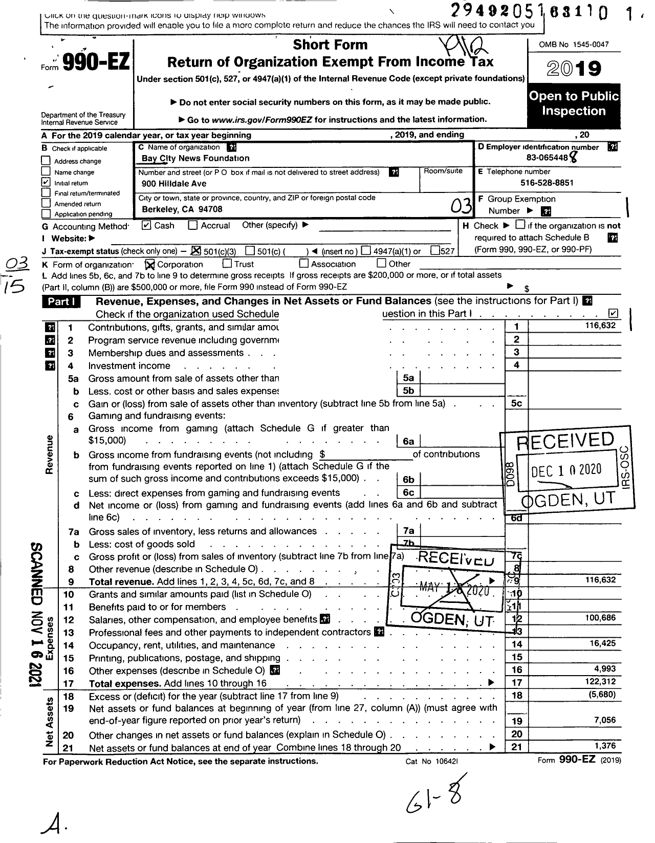 Image of first page of 2019 Form 990EZ for Bay City News Foundation