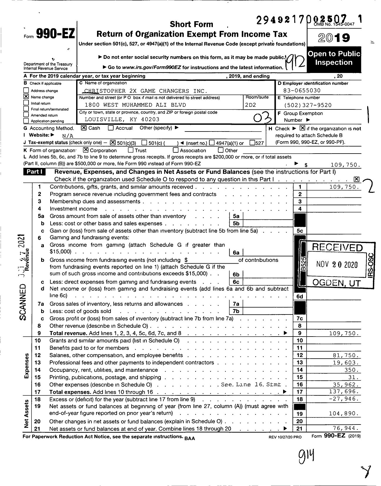 Image of first page of 2019 Form 990EZ for Christopher 2X Game Changers