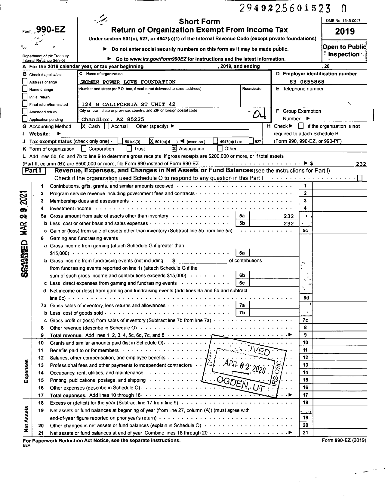 Image of first page of 2019 Form 990EO for Women Power Love Foundation