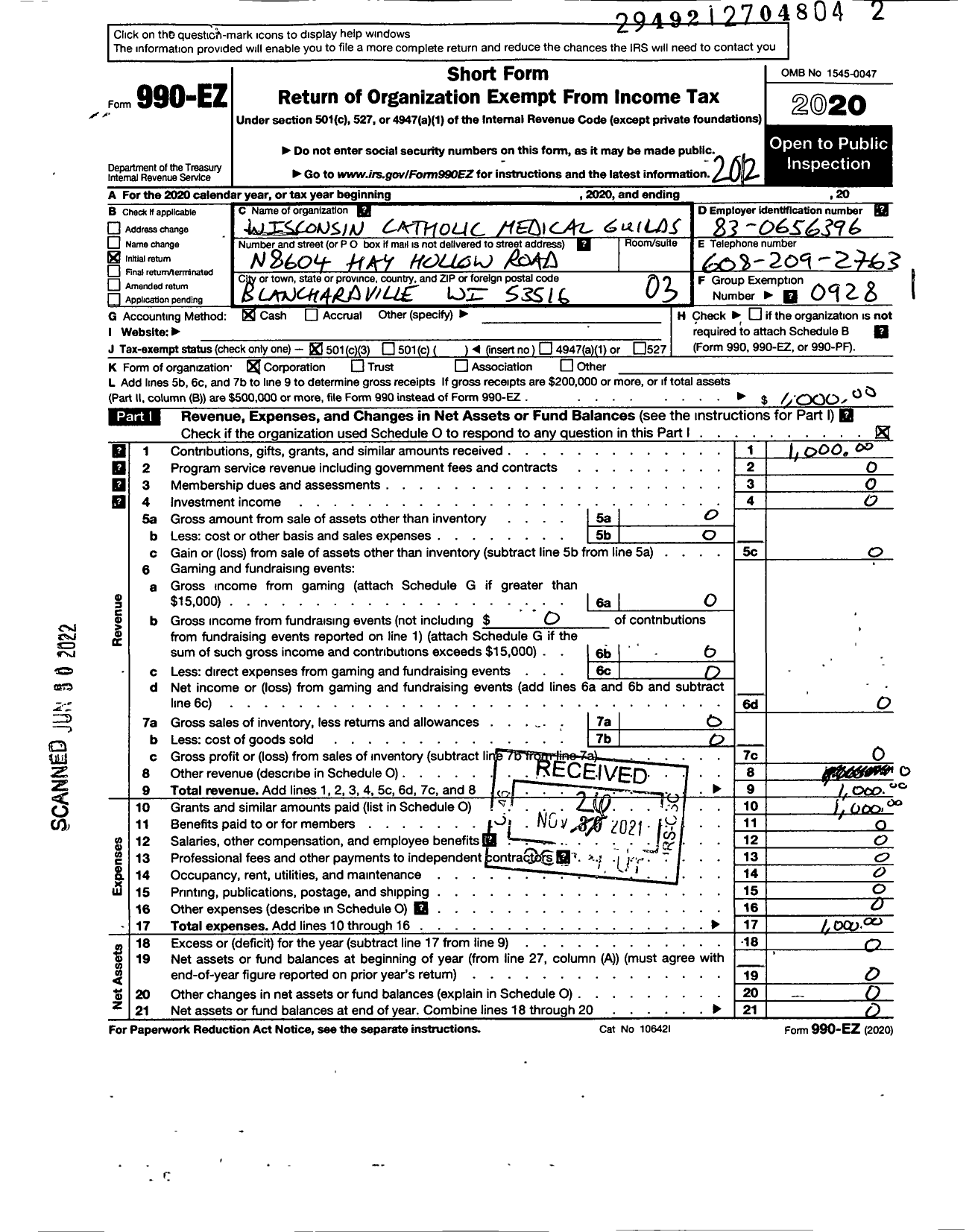 Image of first page of 2020 Form 990EZ for Wisconsin Catholic Medical Guilds