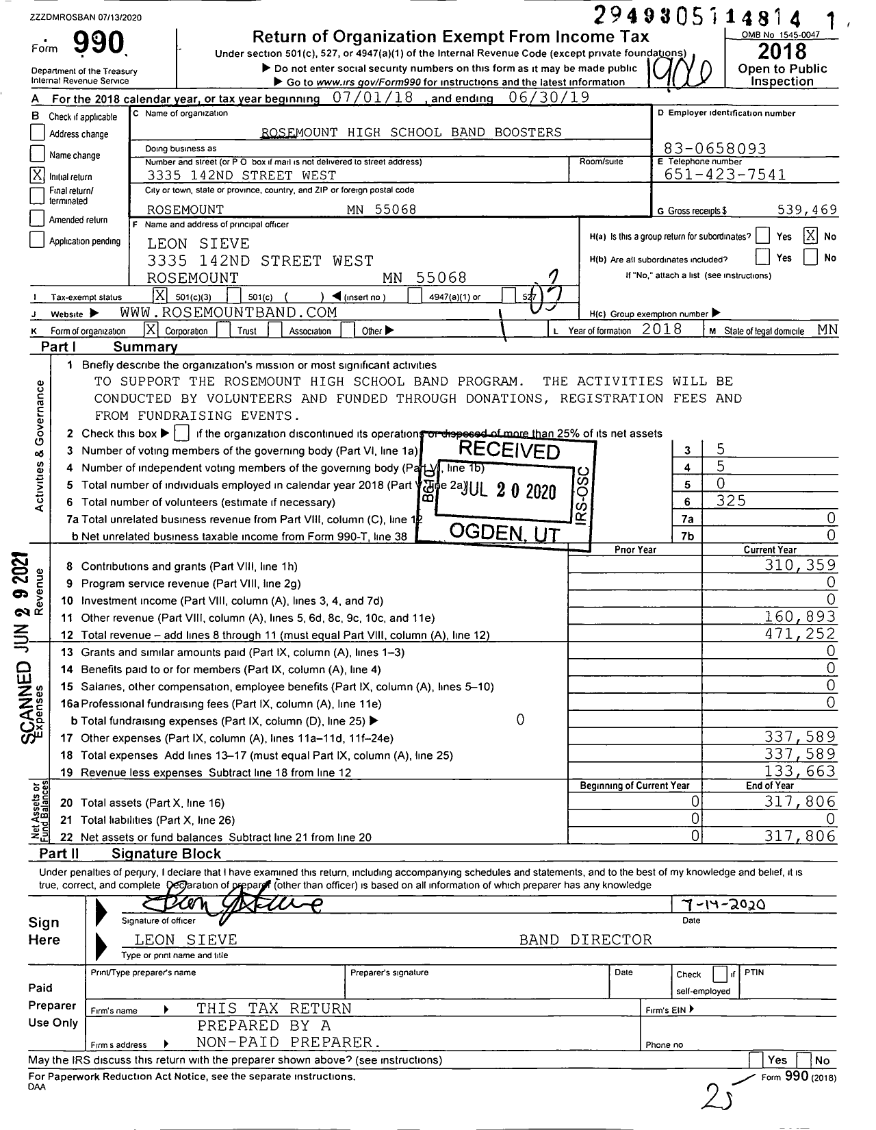 Image of first page of 2018 Form 990 for Rosemount High School Band Boosters