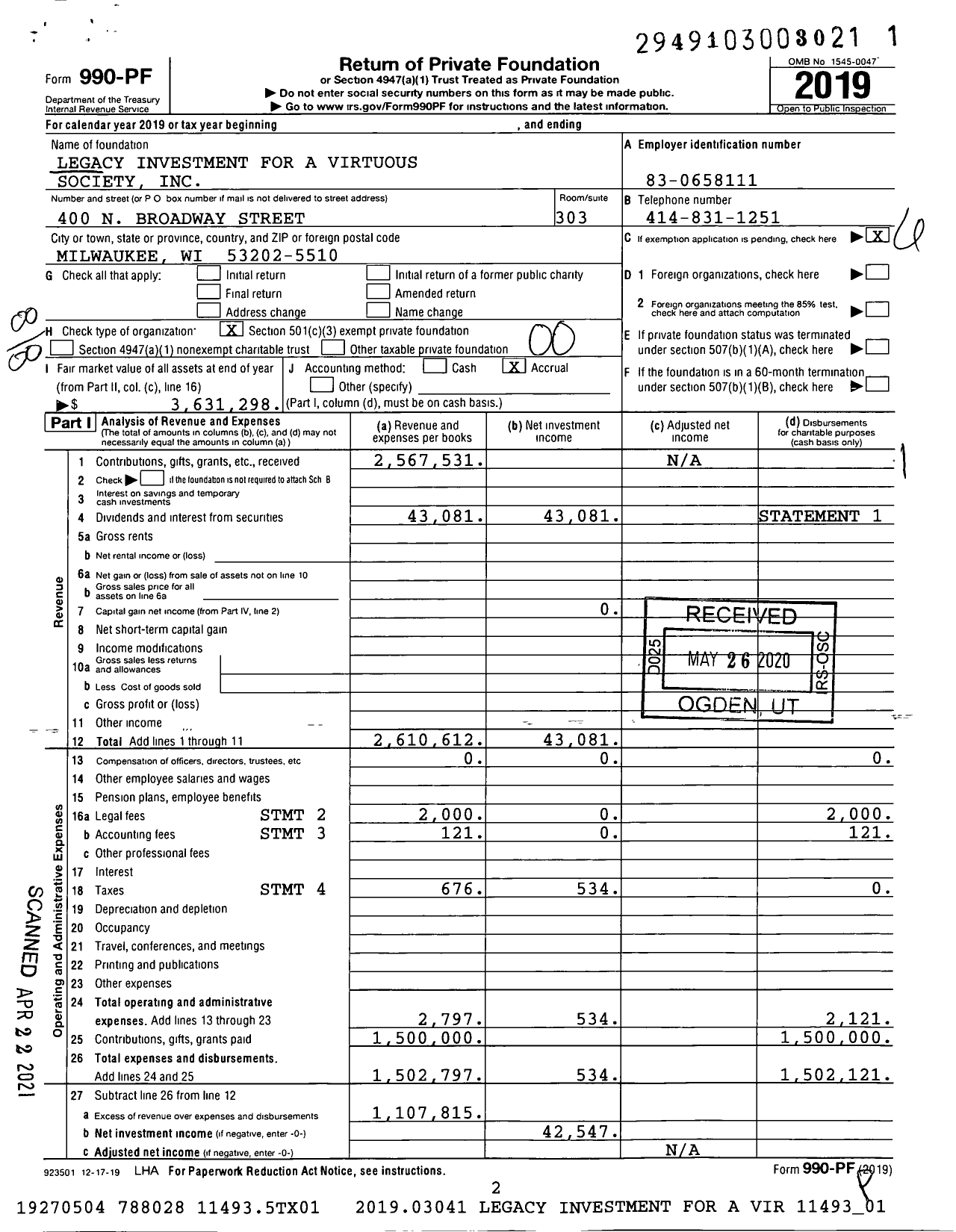 Image of first page of 2019 Form 990PF for Legacy Investment for A Virtuous Society