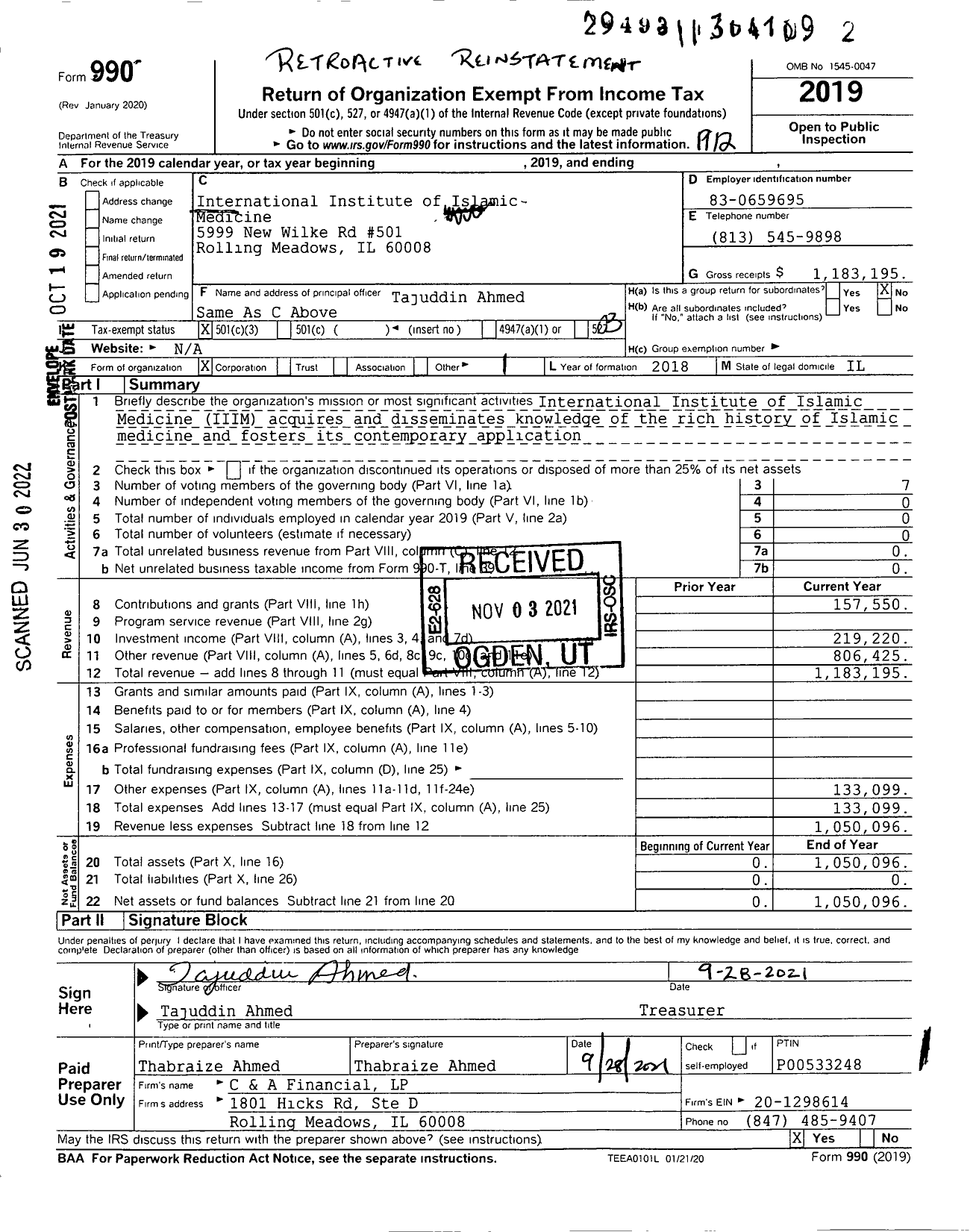 Image of first page of 2019 Form 990 for International Institute of Islamic Medicine