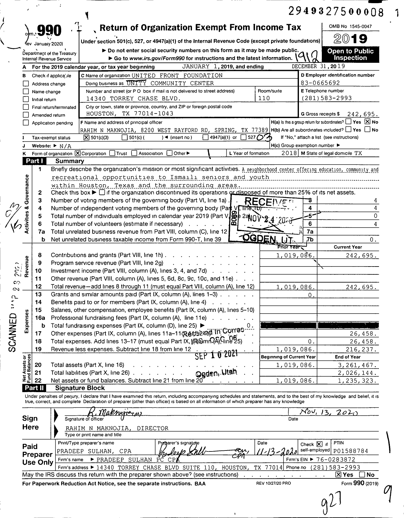 Image of first page of 2019 Form 990 for Unity Community Center