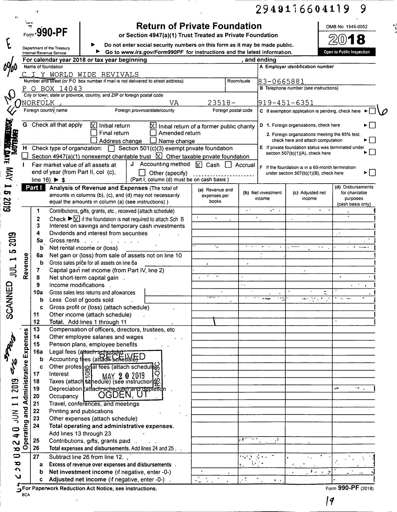 Image of first page of 2018 Form 990PF for Ciy Christ in You Worldwide Revivals