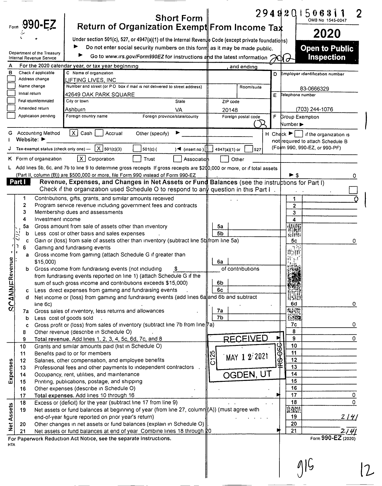 Image of first page of 2020 Form 990EZ for Lifting Lives