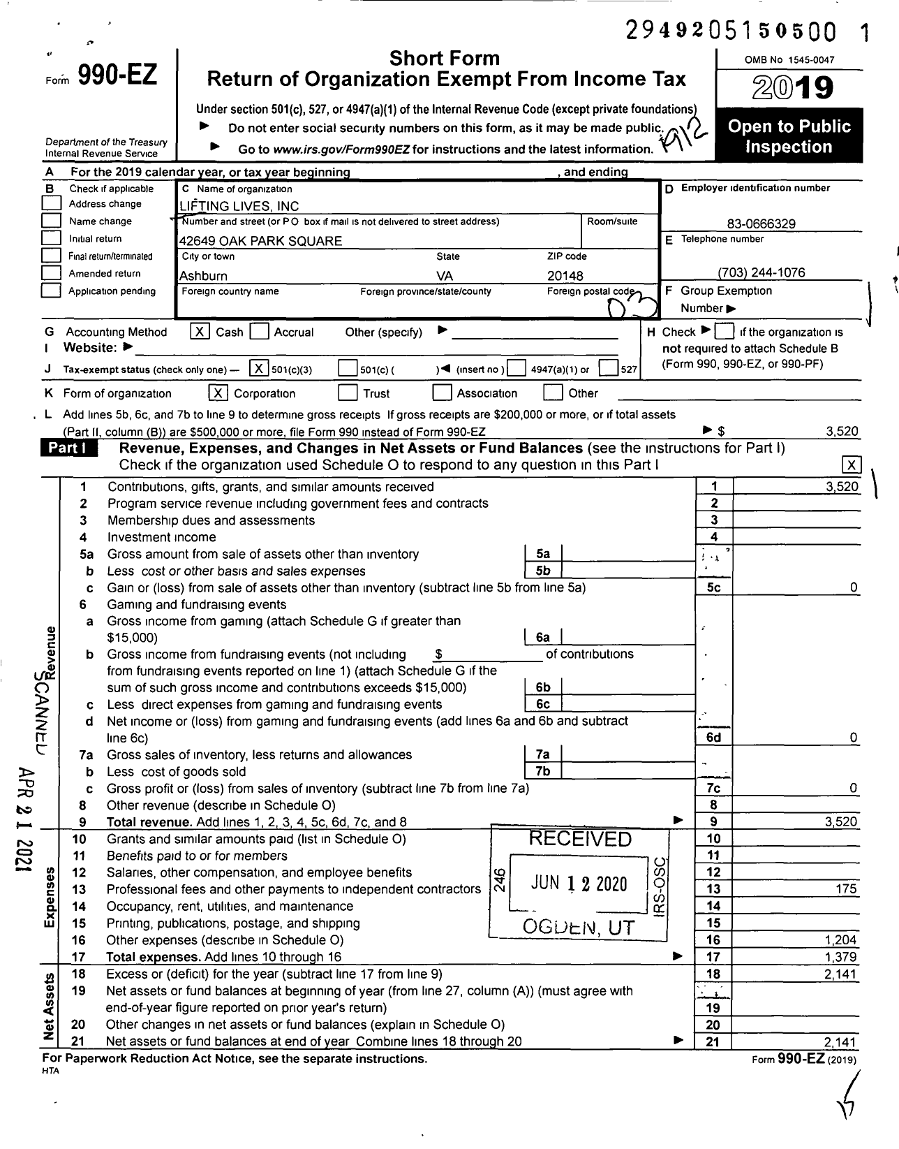 Image of first page of 2019 Form 990EZ for Lifting Lives