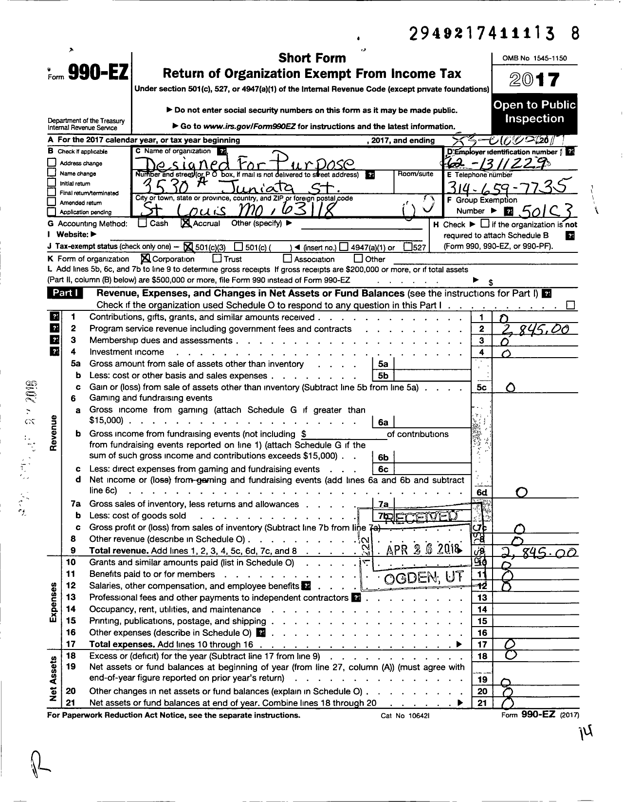 Image of first page of 2017 Form 990EO for Designed for Purpose