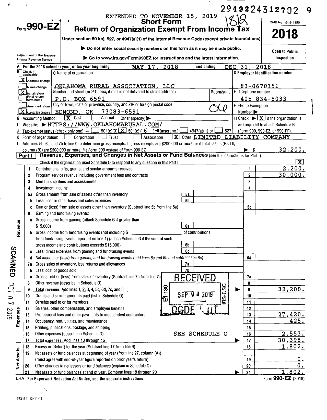 Image of first page of 2018 Form 990EO for Oklahoma Rural Association LLC