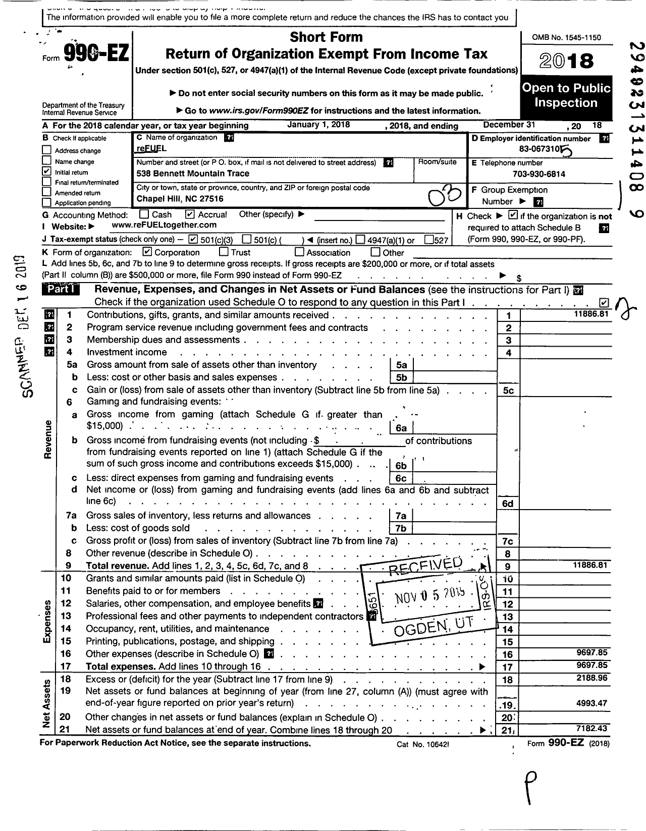 Image of first page of 2018 Form 990EZ for Refuel