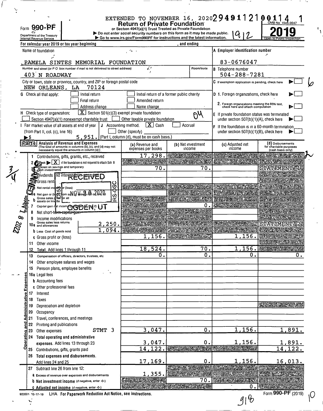 Image of first page of 2019 Form 990PF for Pamela Sintes Memorial Foundation