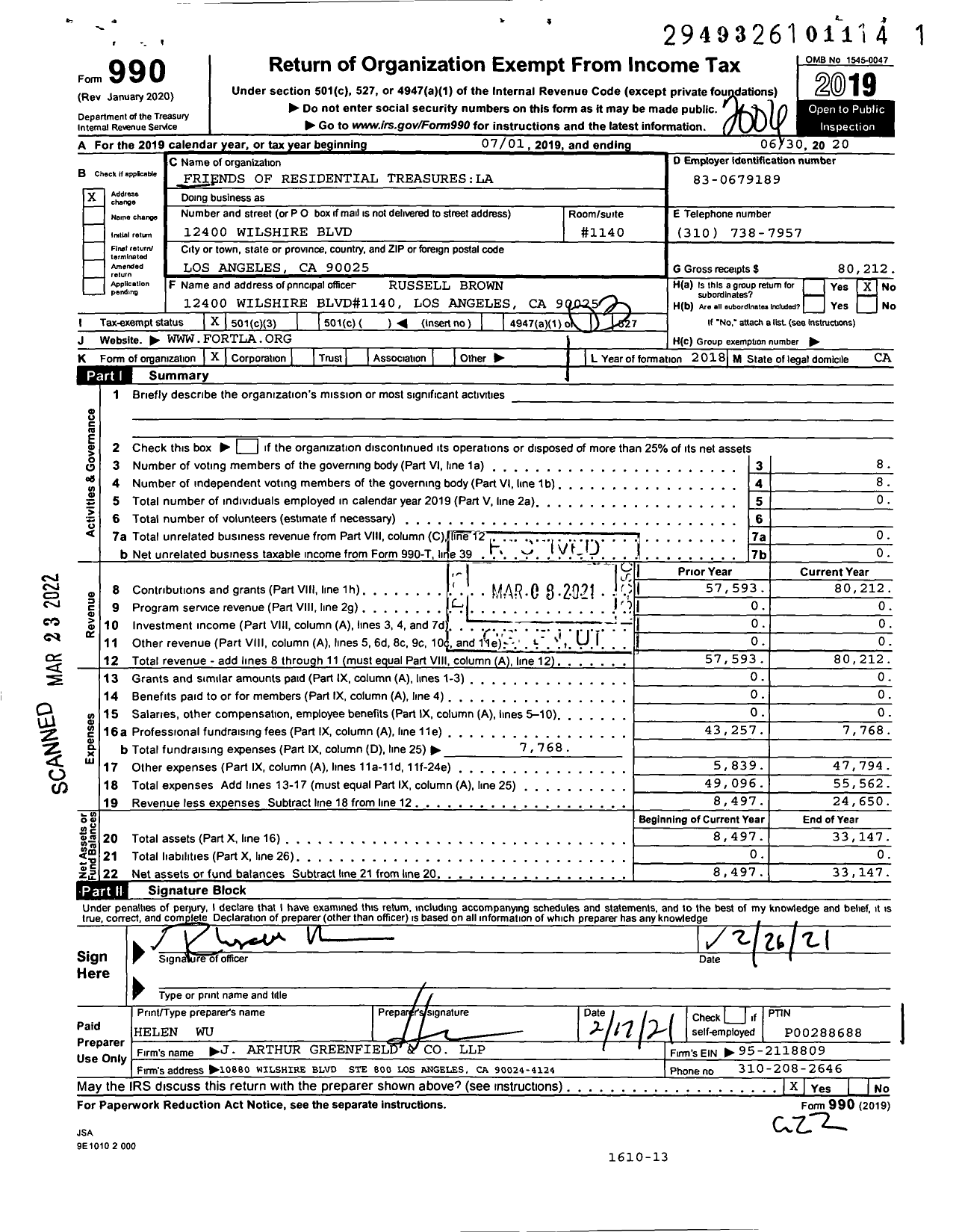 Image of first page of 2019 Form 990 for Friends of Residential Treasuresla