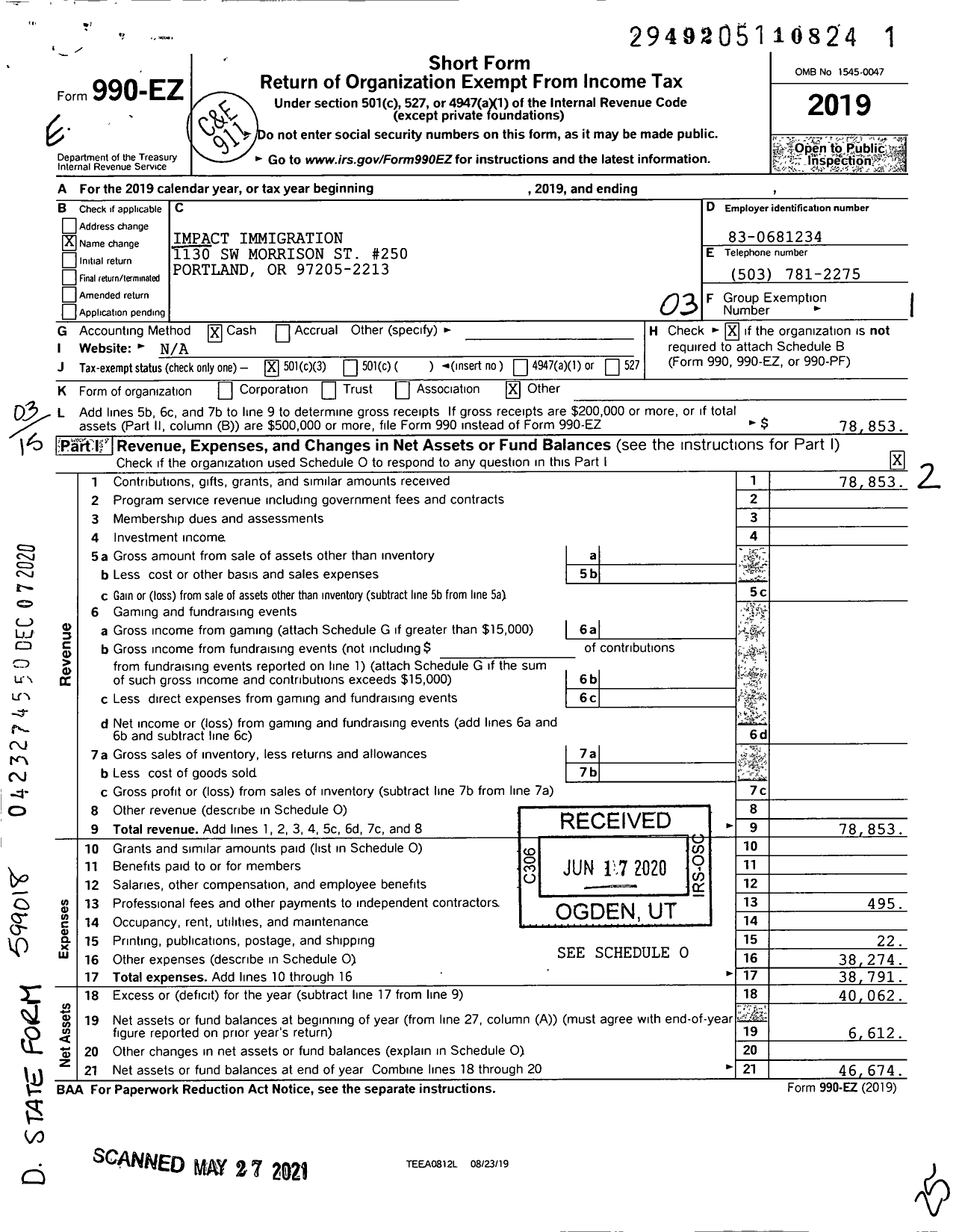 Image of first page of 2019 Form 990EZ for Impact Immigration