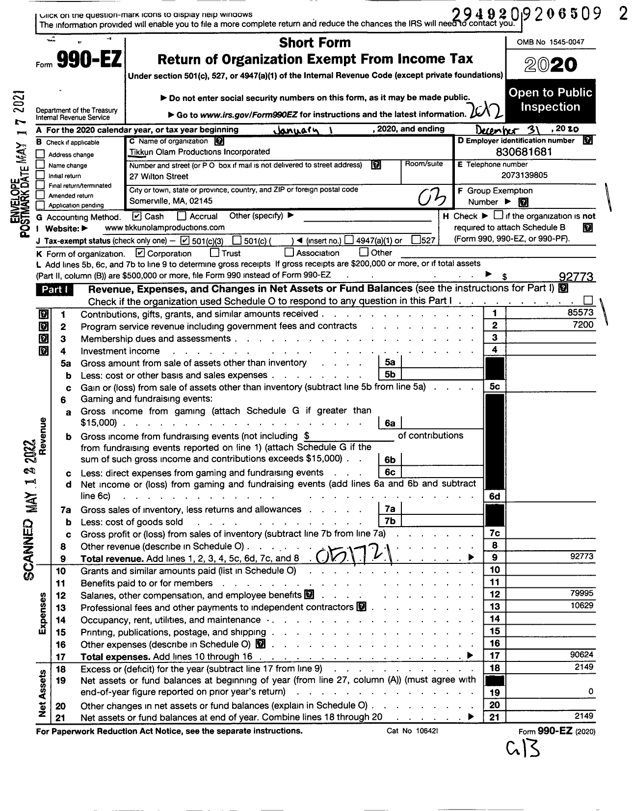 Image of first page of 2020 Form 990EZ for Tikkun Olam Productions Incorporated