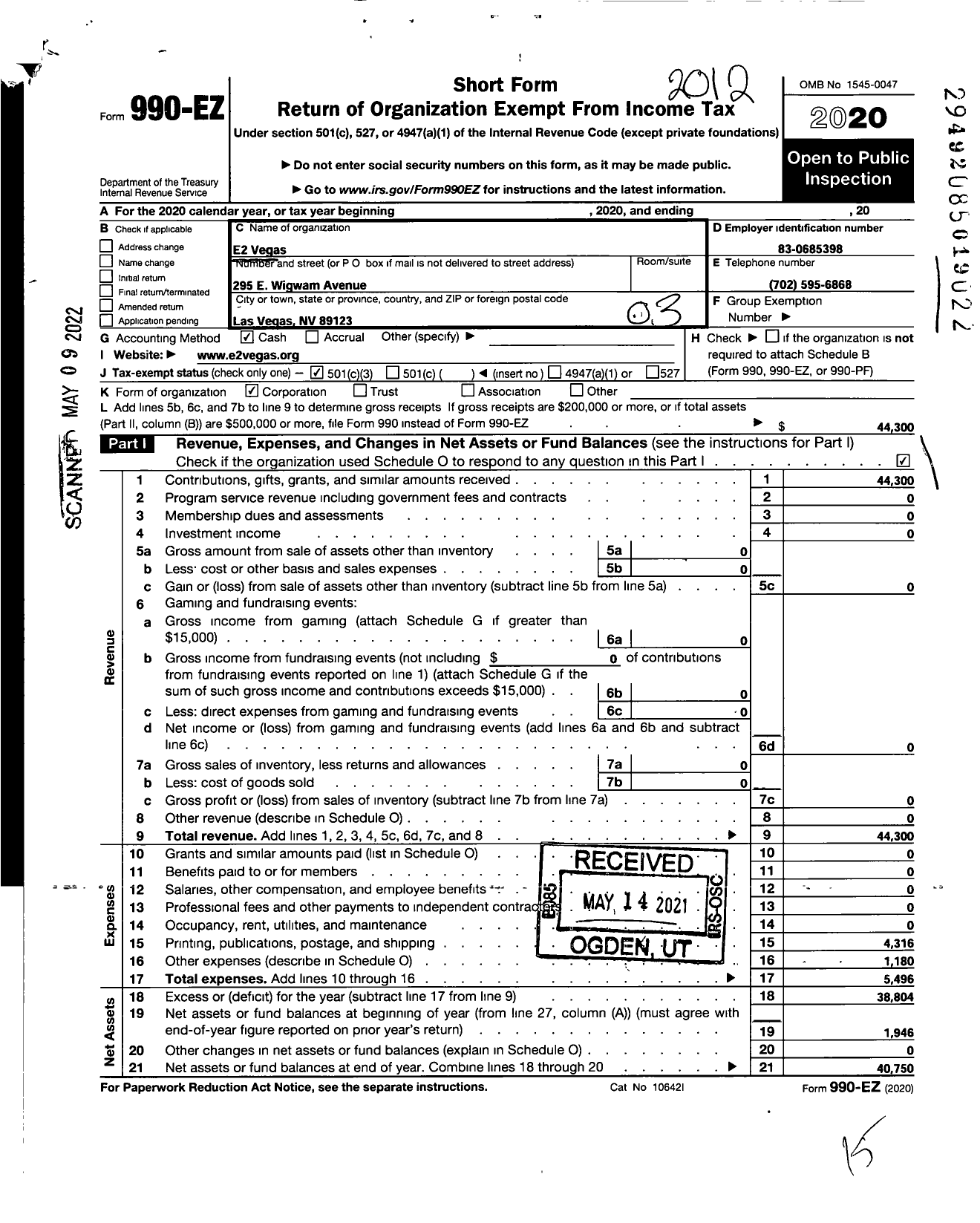 Image of first page of 2020 Form 990EZ for E2 Vegas