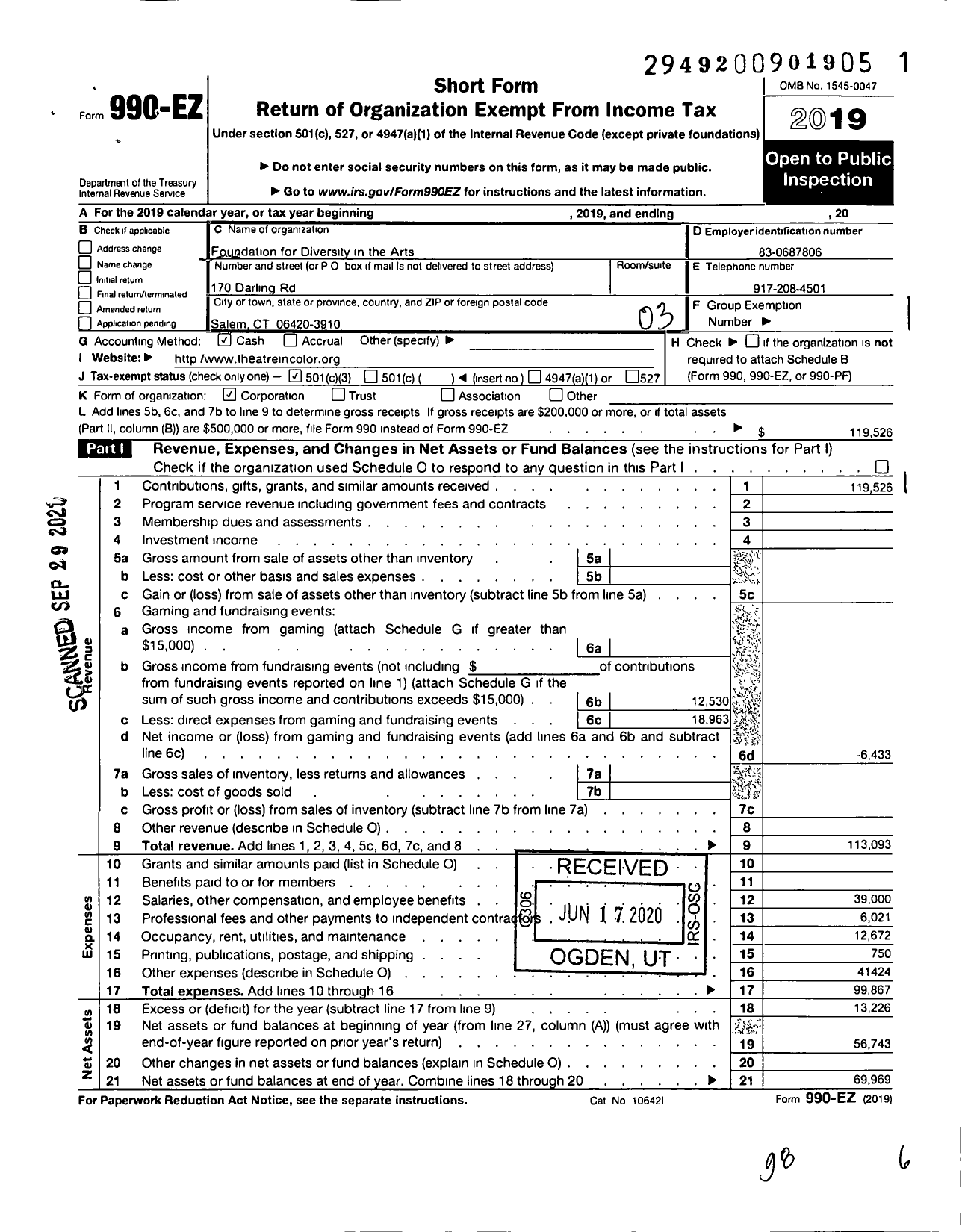 Image of first page of 2019 Form 990EZ for Foundation for Diversity in the Art