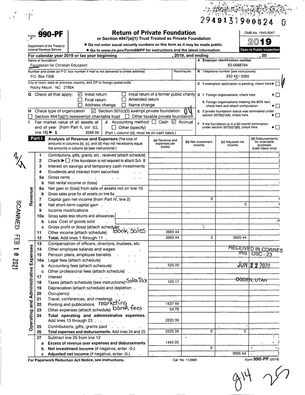 Image of first page of 2019 Form 990PF for Foundation for Christian Education