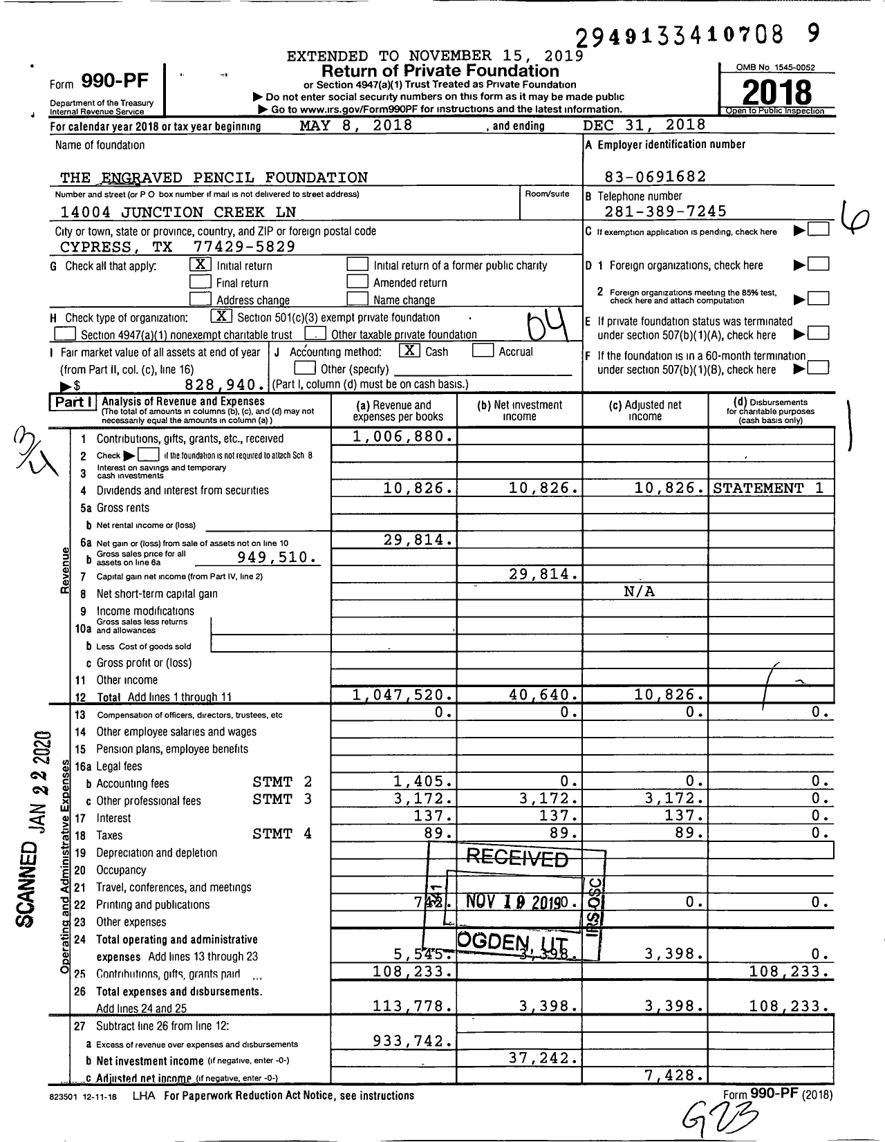 Image of first page of 2018 Form 990PF for The Engraved Pencil Foundation