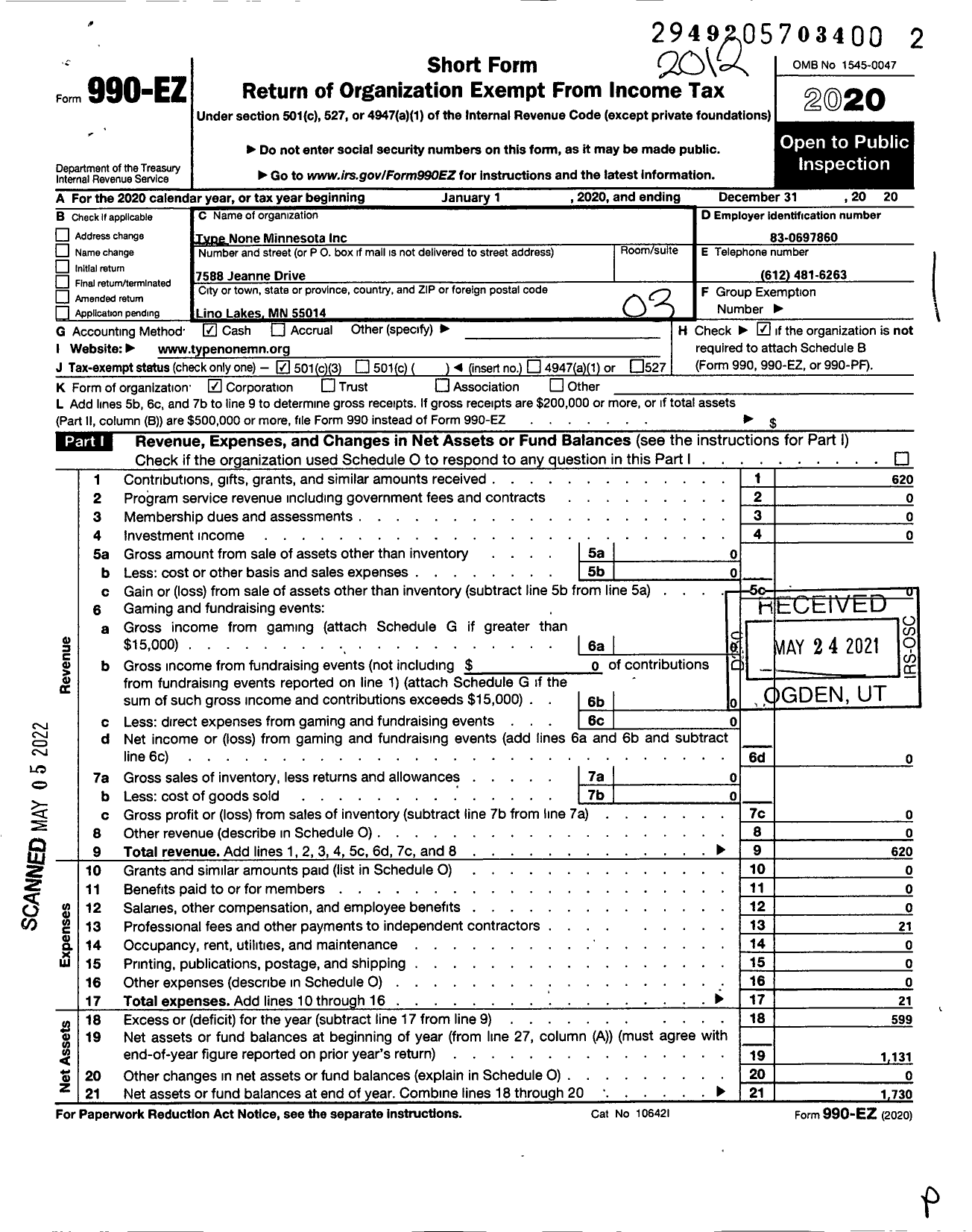 Image of first page of 2020 Form 990EZ for Type None Minnesota