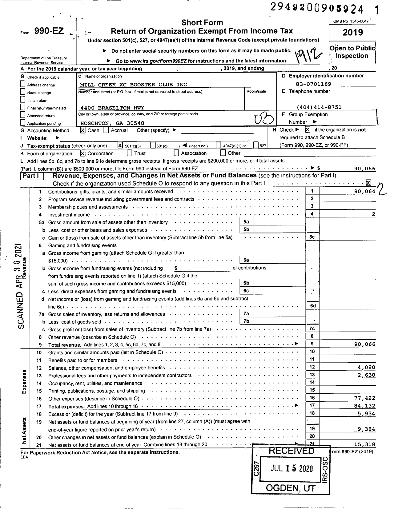 Image of first page of 2019 Form 990EZ for Mill Creek XC Booster Club