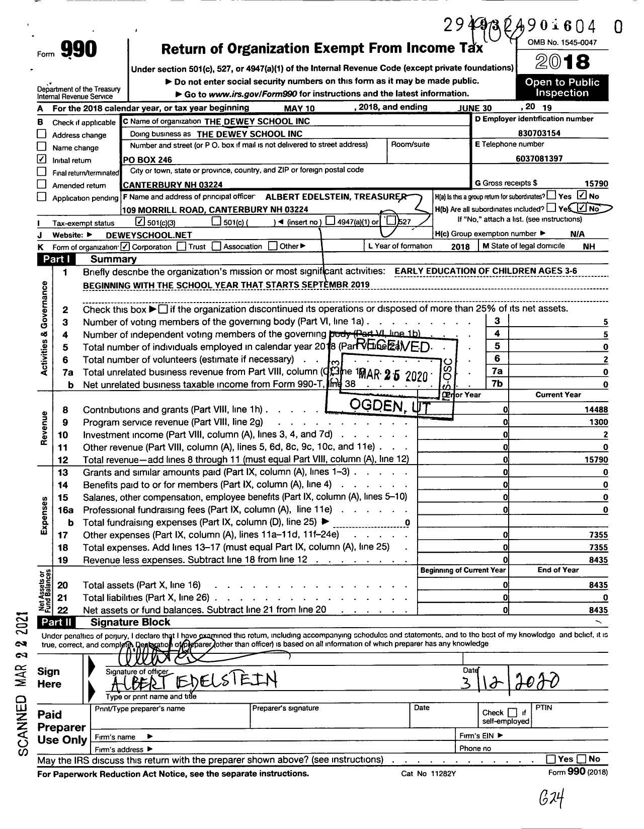 Image of first page of 2018 Form 990 for The Dewey School