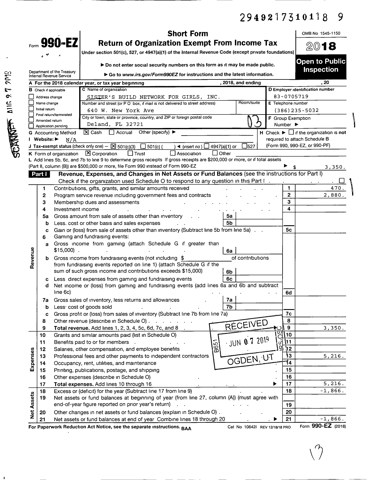 Image of first page of 2018 Form 990EZ for Sister's Build Network for Girls