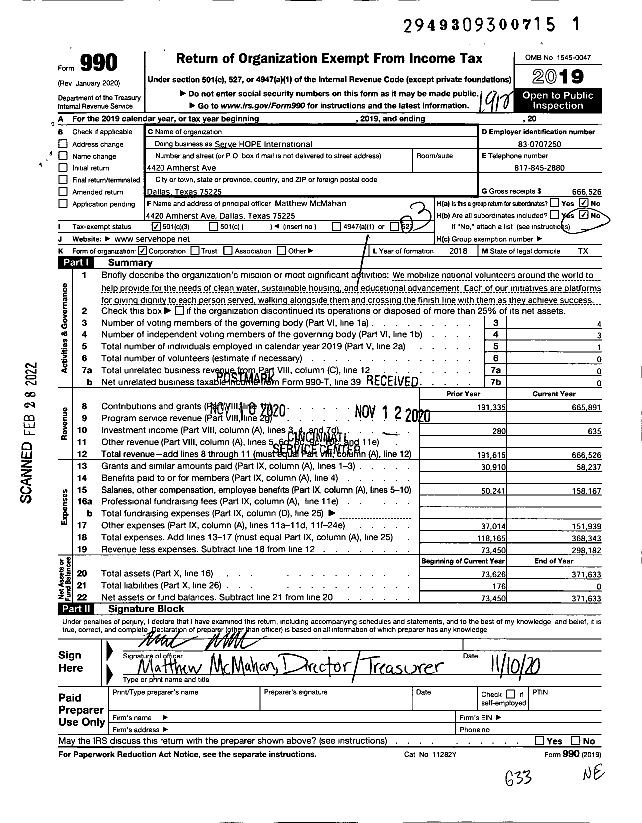 Image of first page of 2019 Form 990 for Serve Hope International