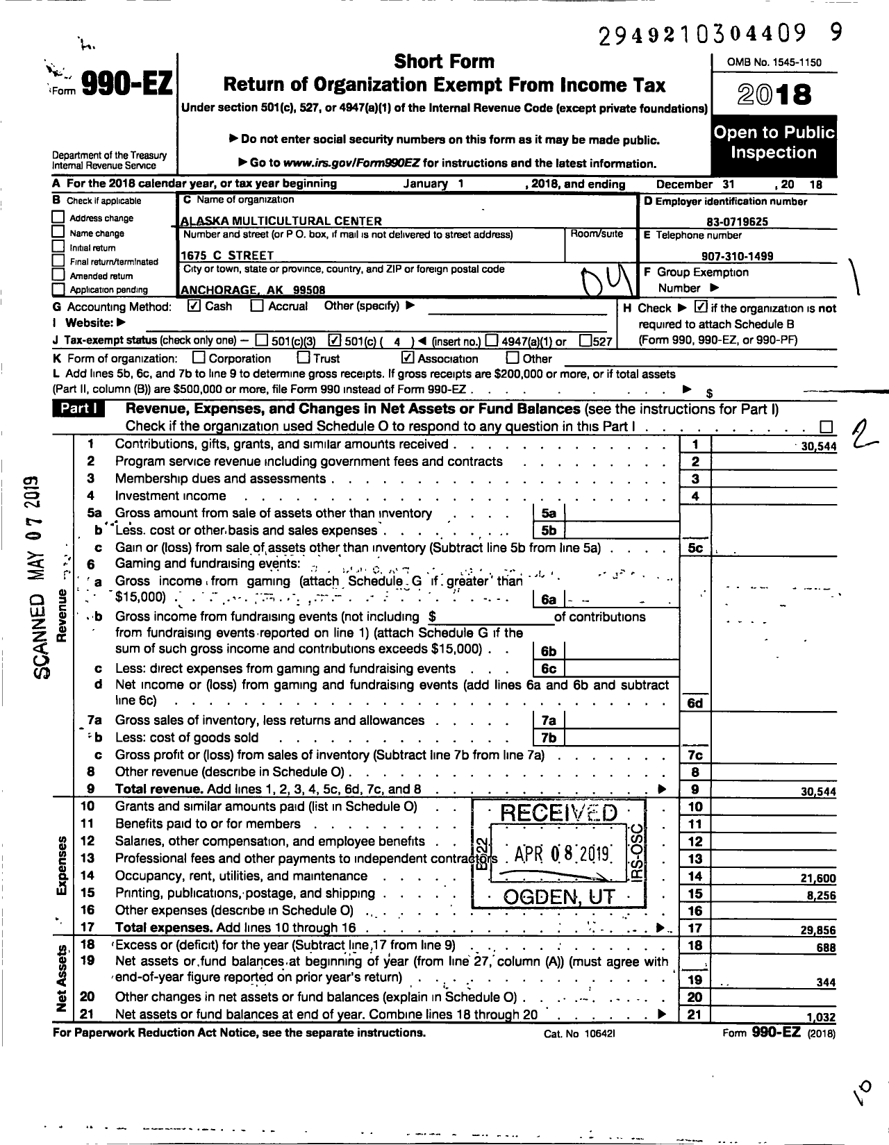 Image of first page of 2018 Form 990EO for Alaska Multicultural Center