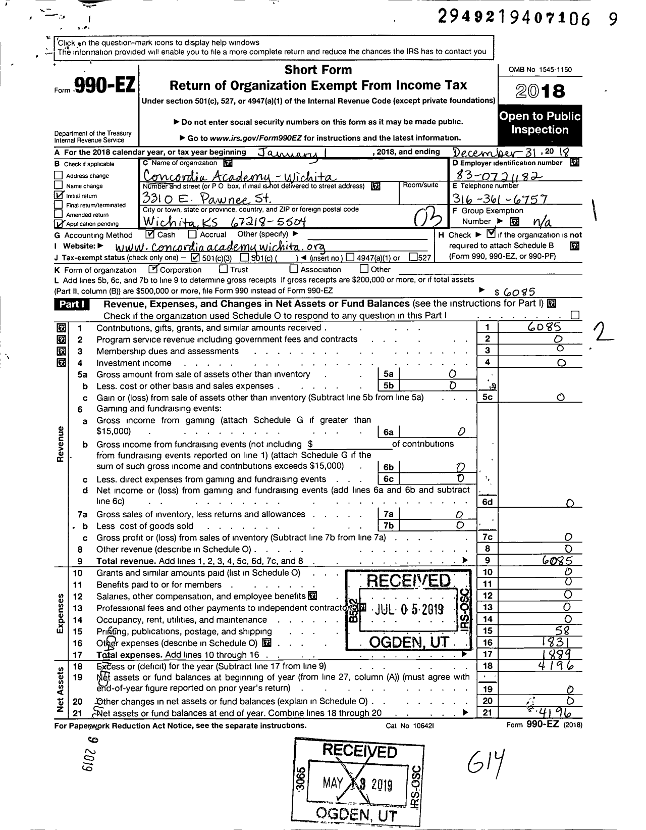 Image of first page of 2018 Form 990EZ for Concordia Academy-Wichita