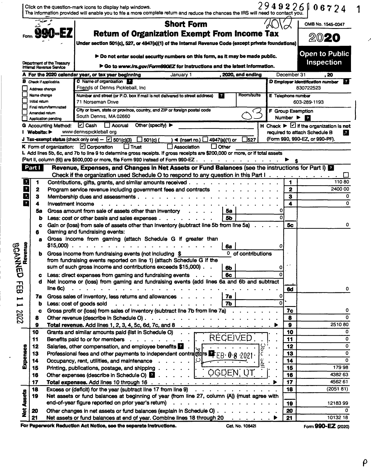 Image of first page of 2020 Form 990EZ for Friends of Dennis Pickleball