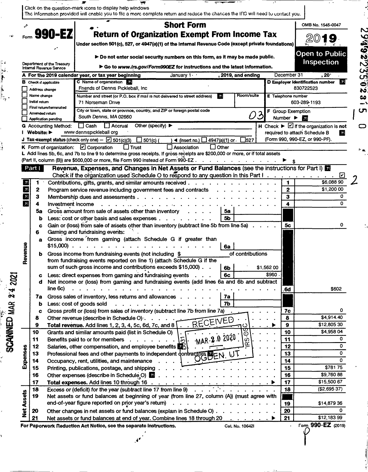 Image of first page of 2019 Form 990EZ for Friends of Dennis Pickleball