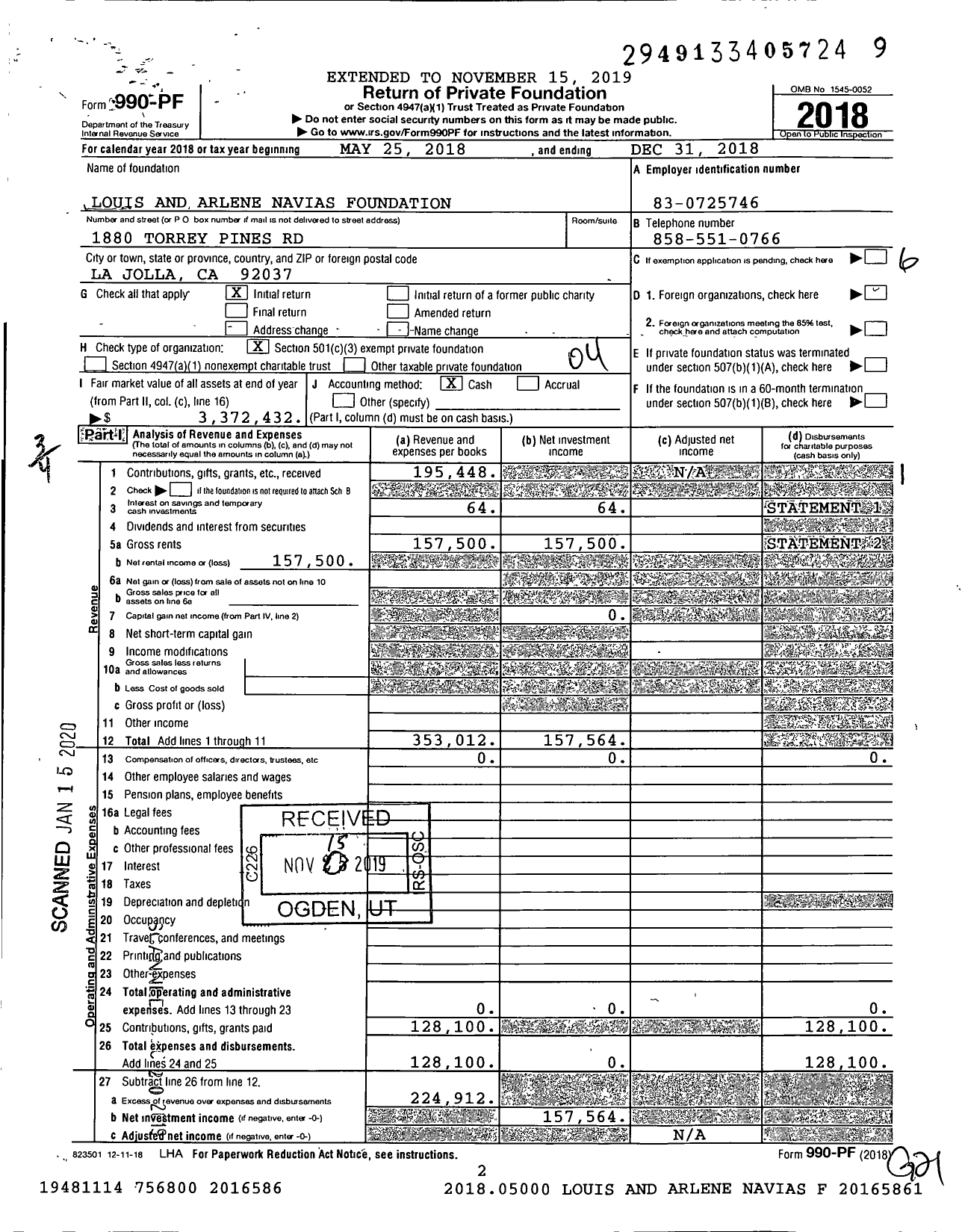 Image of first page of 2018 Form 990PF for Louis and Arlene Navias Foundation