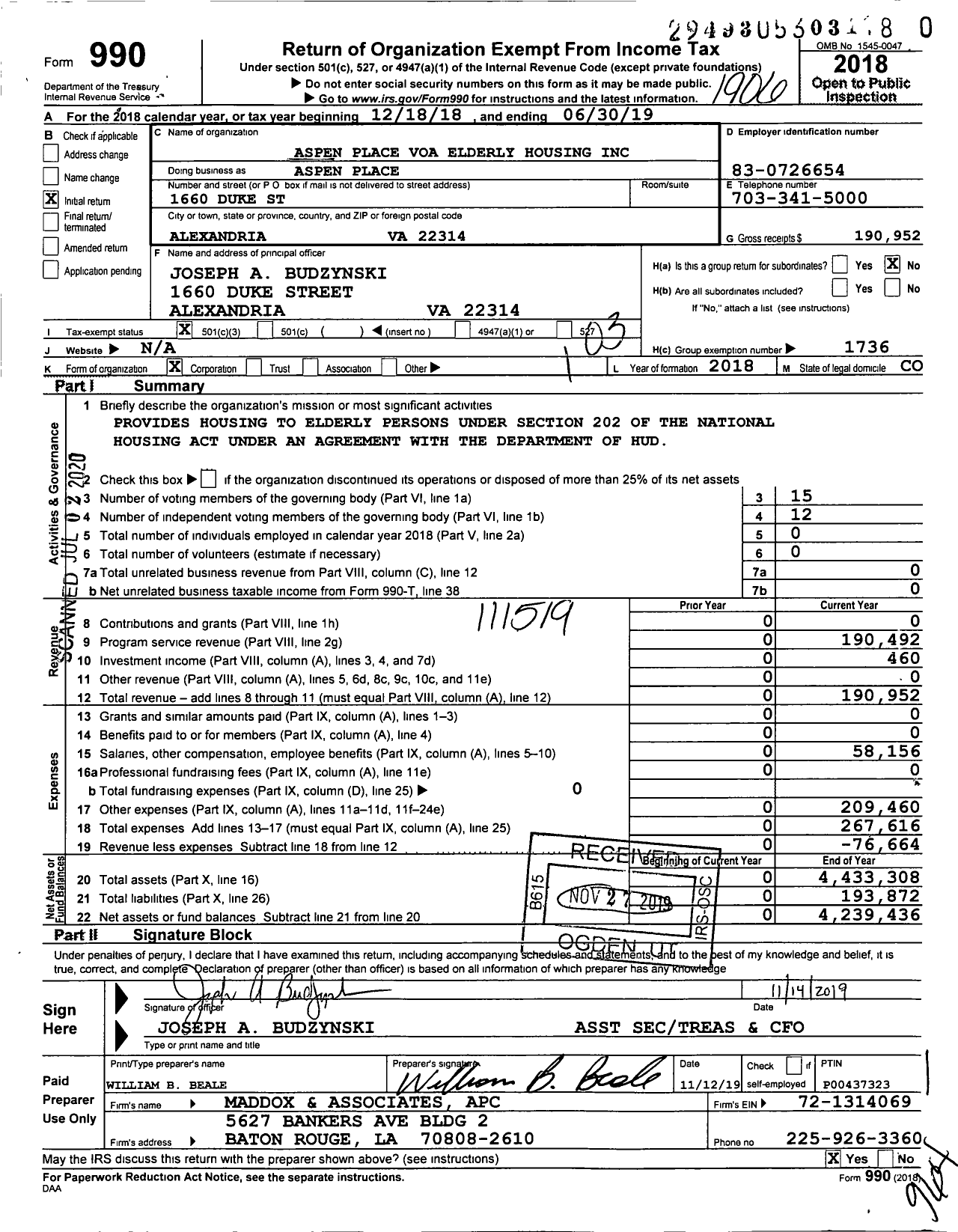 Image of first page of 2018 Form 990 for Volunteers of America - Aspen Place