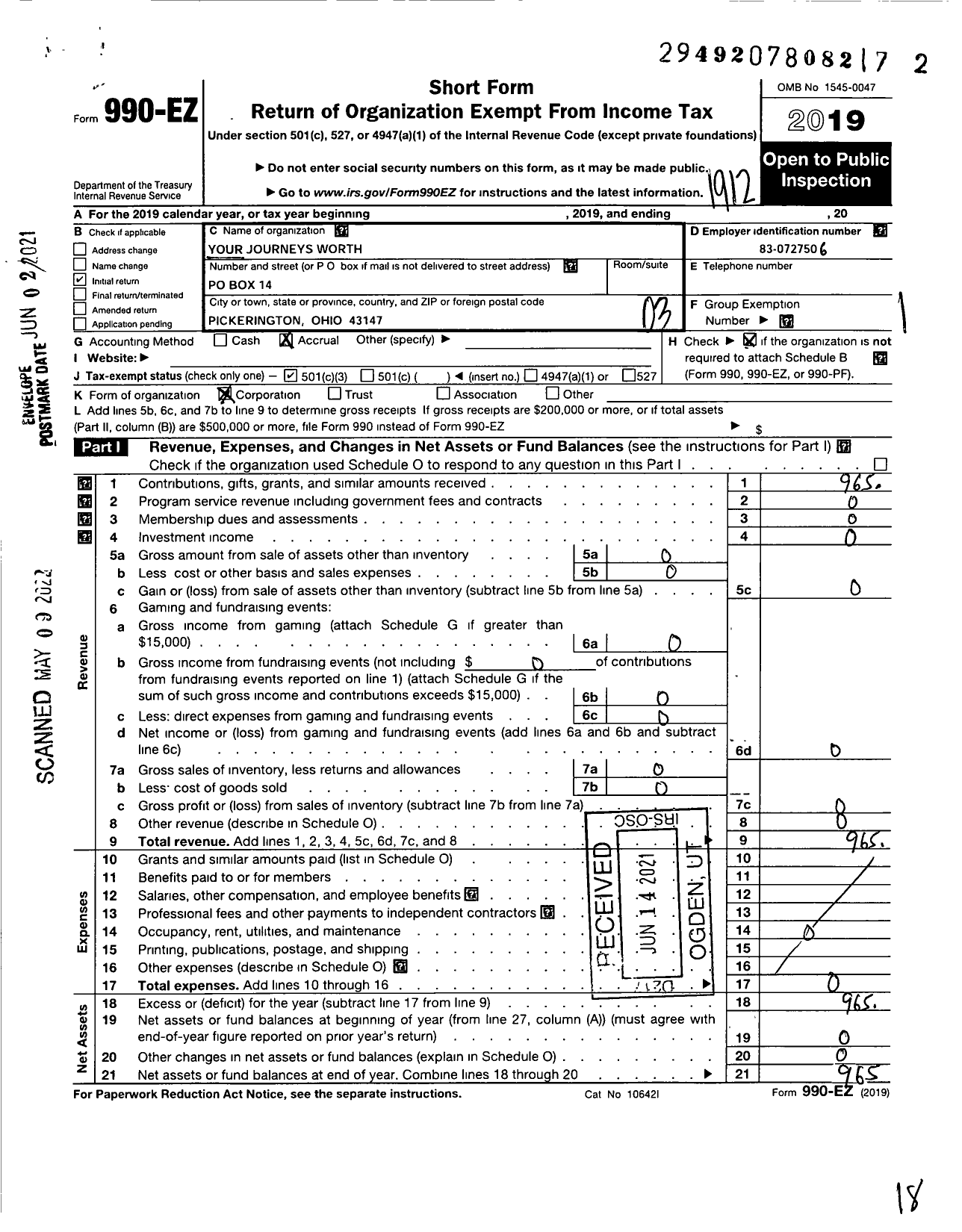 Image of first page of 2019 Form 990EZ for Your Journeys Worth