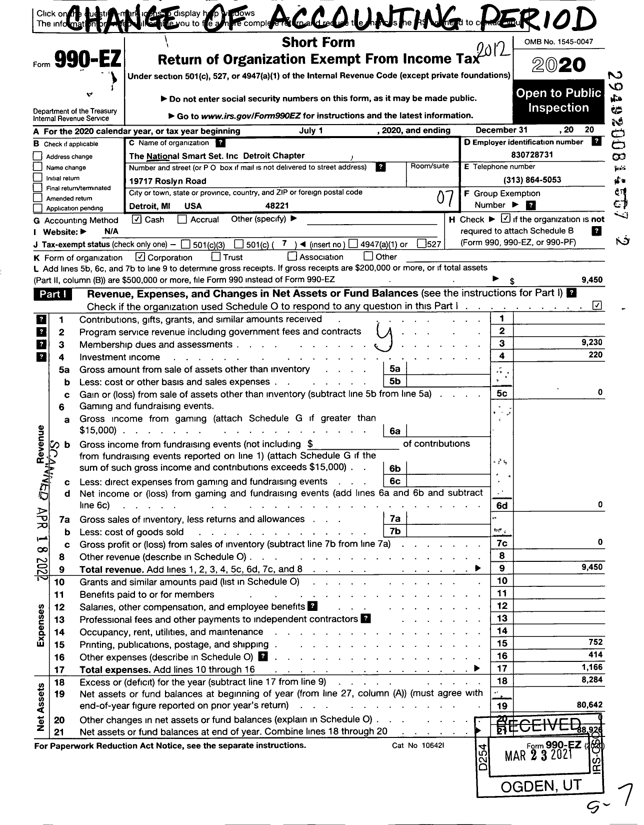 Image of first page of 2020 Form 990EO for The National Smart Set / Detroit Chapter