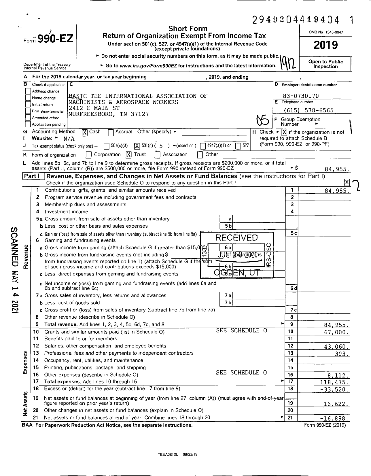 Image of first page of 2019 Form 990EO for Basic the International Association of Machinists