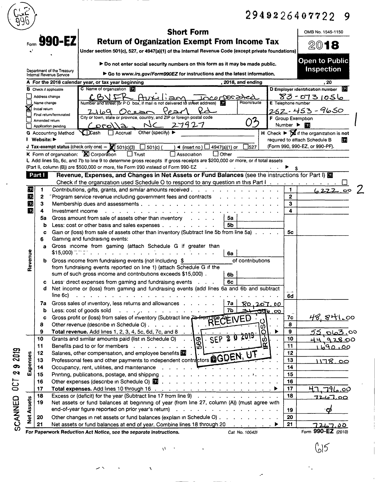 Image of first page of 2018 Form 990EZ for CBVFR Auxiliary Incorporated