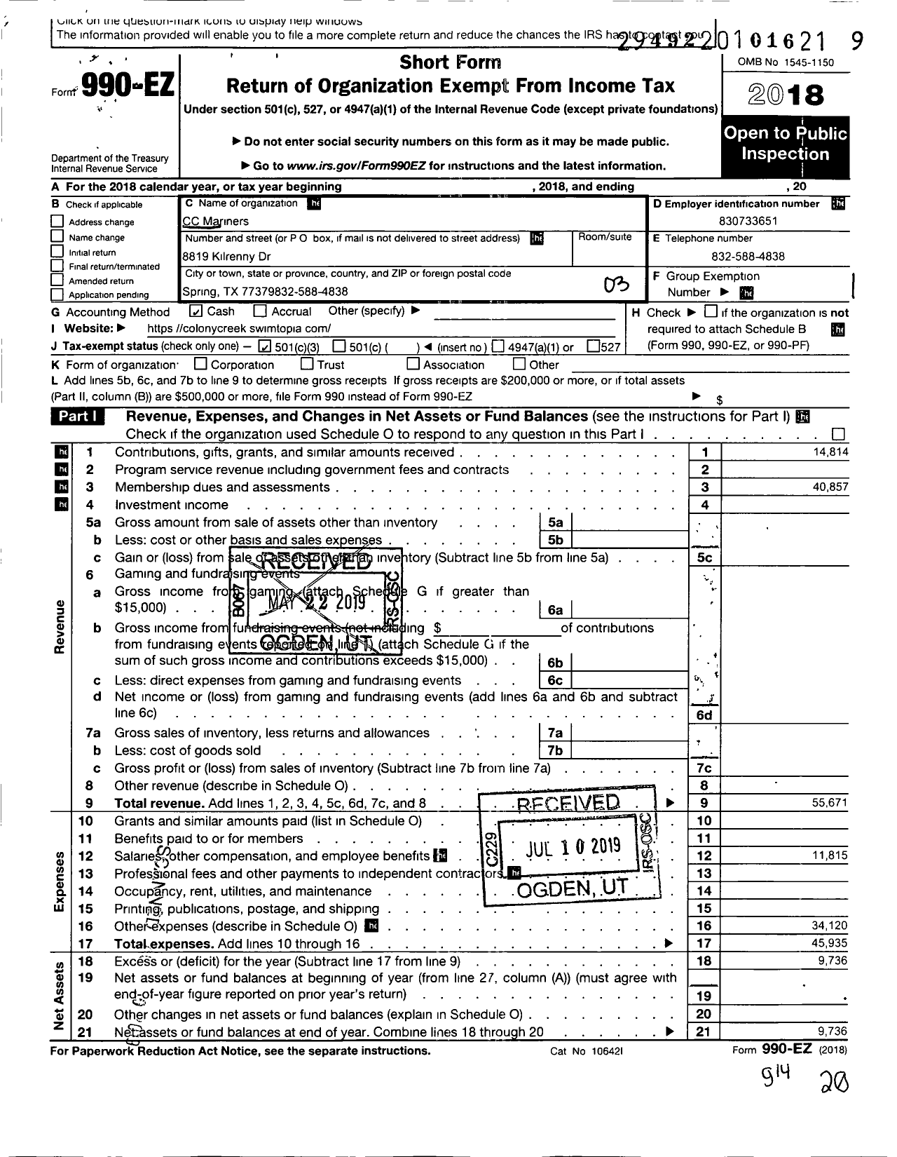 Image of first page of 2018 Form 990EZ for CC Mariners