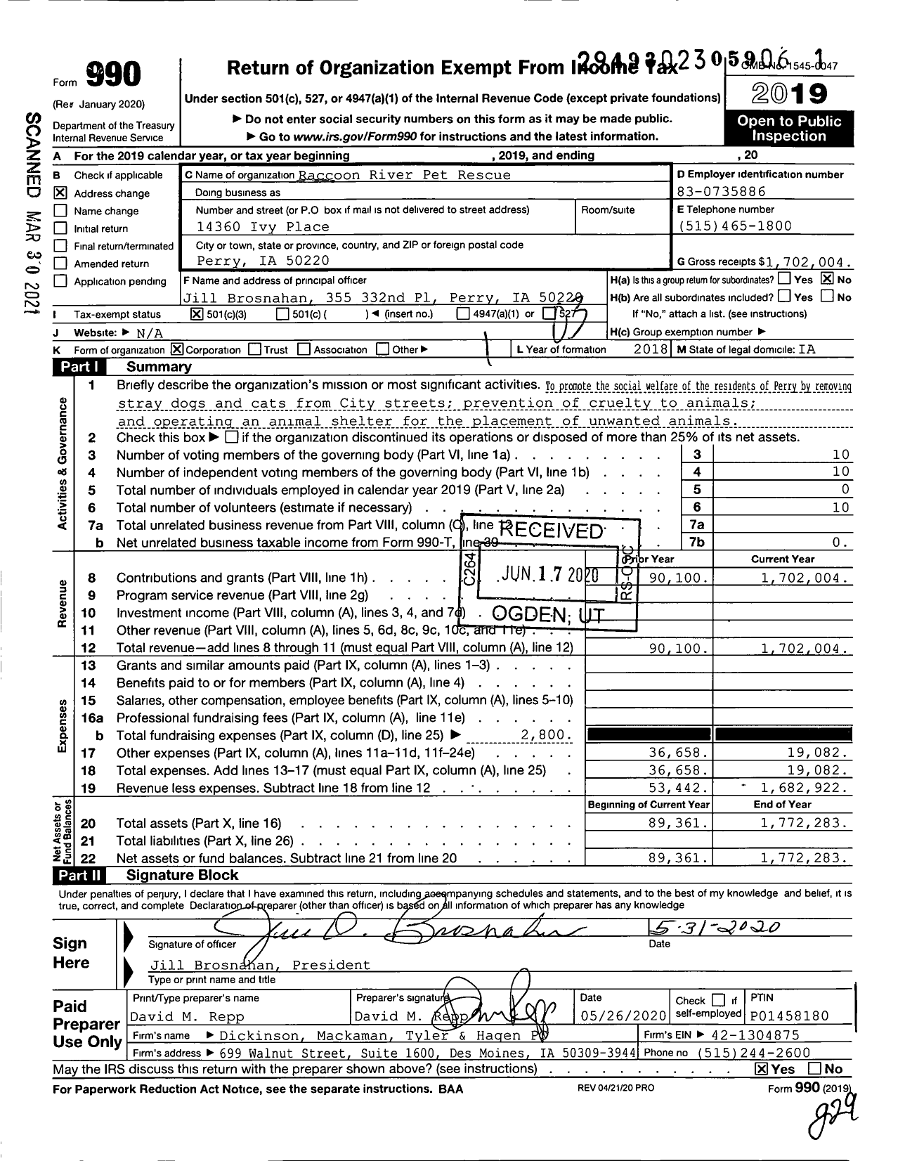 Image of first page of 2019 Form 990 for Raccoon River Pet Rescue