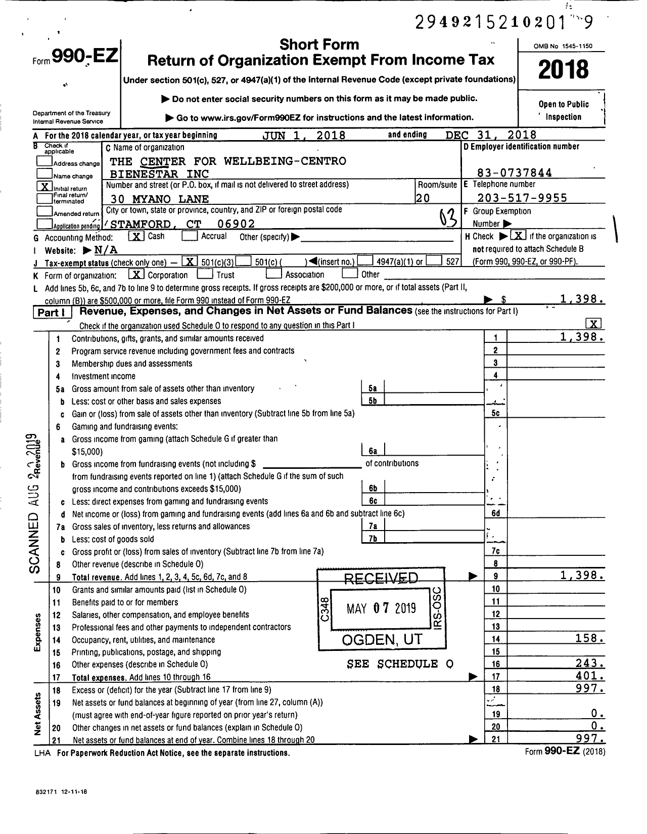 Image of first page of 2018 Form 990EZ for Center for Wellbeing-Centro Bienestar