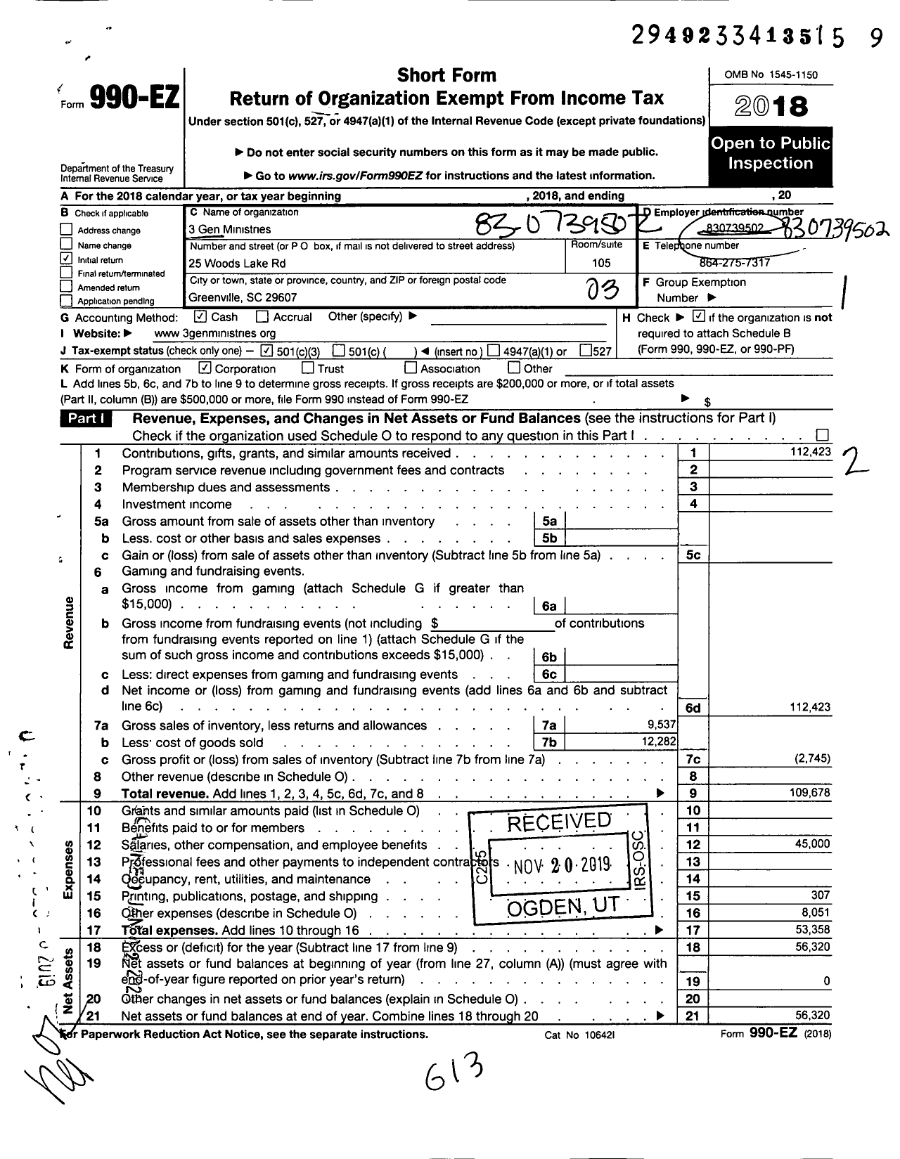 Image of first page of 2018 Form 990EZ for 3gen Ministries