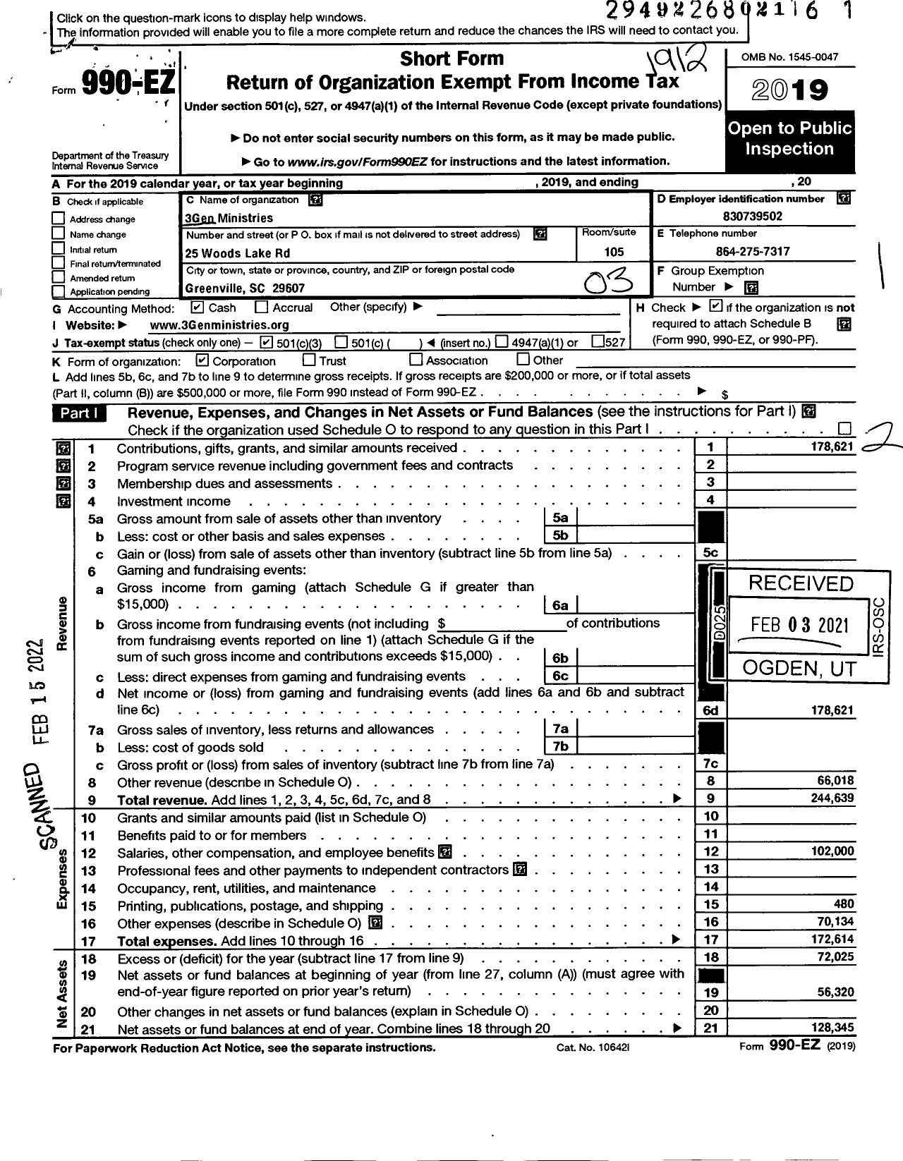 Image of first page of 2019 Form 990EZ for 3gen Ministries