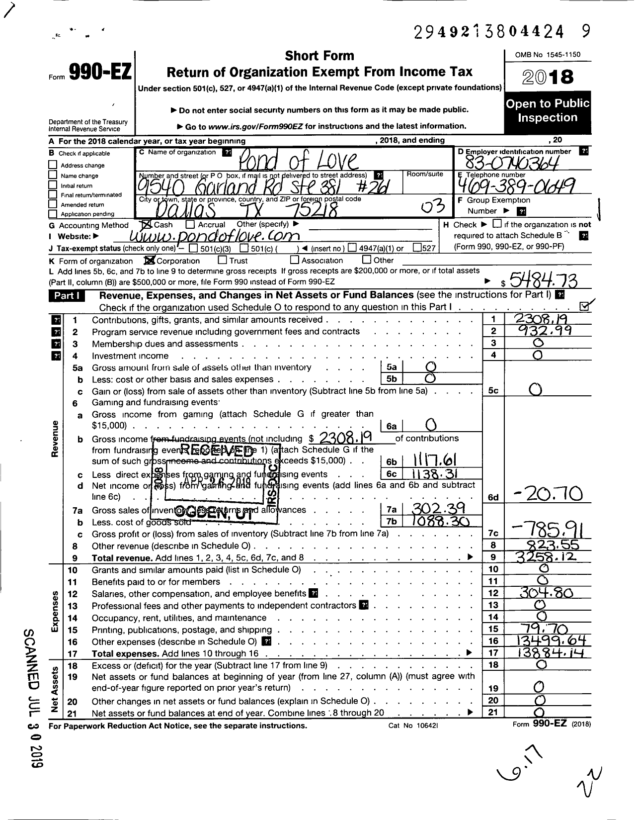 Image of first page of 2018 Form 990EZ for Pond of Love