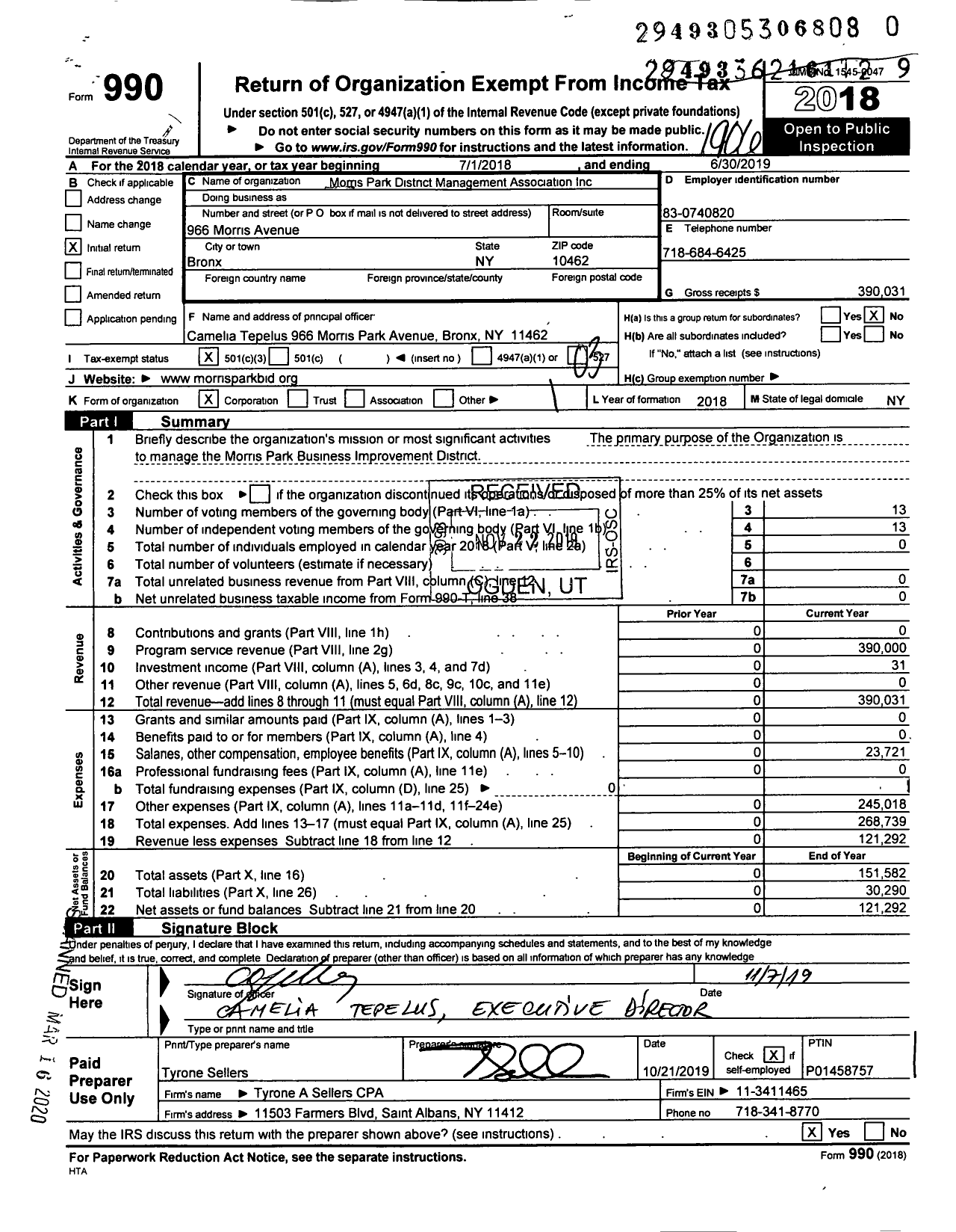 Image of first page of 2018 Form 990 for Morris Park District Management Association