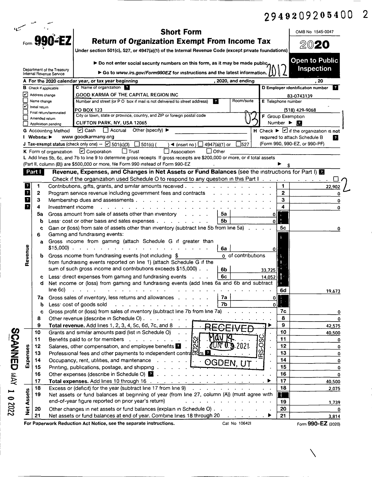 Image of first page of 2020 Form 990EZ for Good Karma of the Capital Region