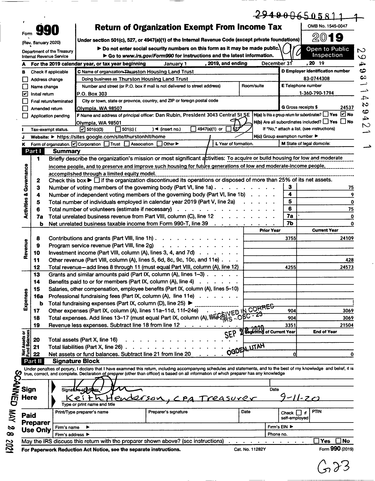 Image of first page of 2019 Form 990 for Thurston Housing Land Trust